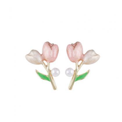 French Light Luxury Pink Tulip Flower Pearl Stud..