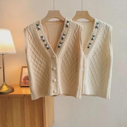 Vintage Sweet Sweater Vests Women Floral Knitted..
