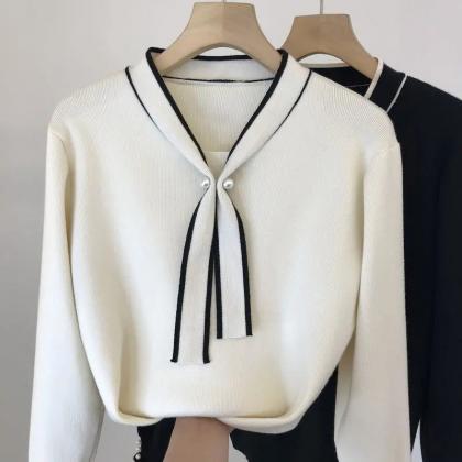 Autumn Winter Casual Bow Tie Knitted Women Sweater..