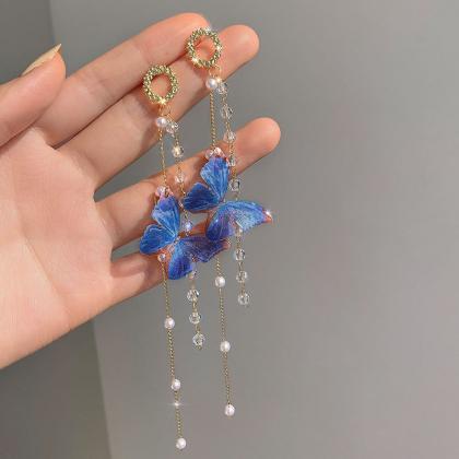 Exaggerated Blue Crystal Pearl Butterfly Tassel..