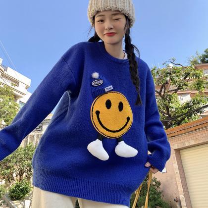 Korean Style Smiley Knitted Sweaters Women Autumn..