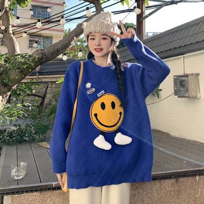Korean Style Smiley Knitted Sweaters Women Autumn..