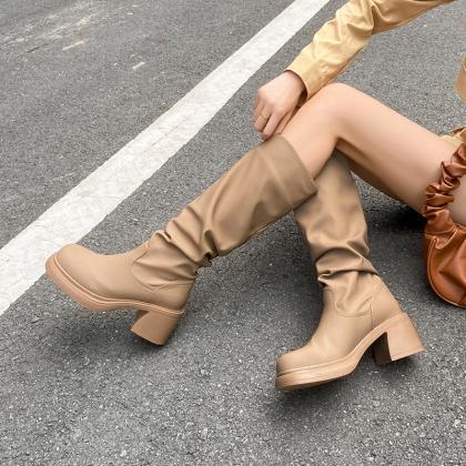 Solid Colour Thigh High Boots Women Thick Bottom..
