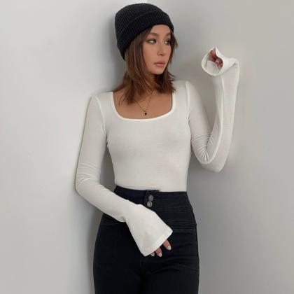 Low Round Neck Bottoming Shirt With Tight Knitted..