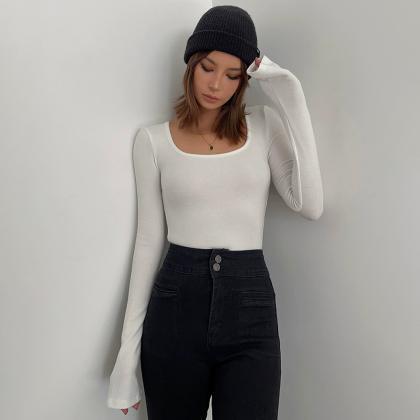 Low Round Neck Bottoming Shirt With Tight Knitted..