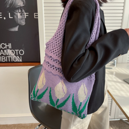Tulip Knitted Bag Retro Flower Shoulder Bag Woolen..