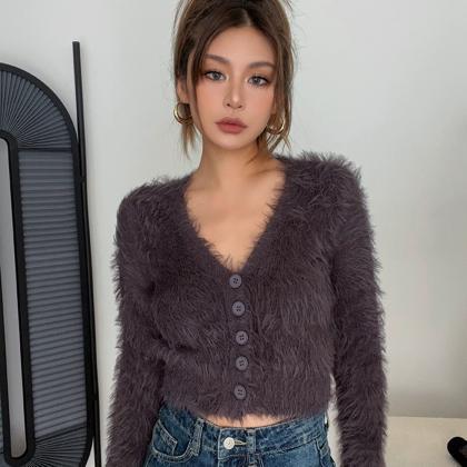 Soft And Lazy Mohair V-neck Sweater Coat, Mink..