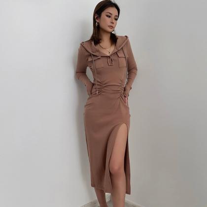 Hooded Slit Wrap-around Long Skirt With Patch..