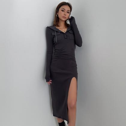 Hooded Slit Wrap-around Long Skirt With Patch..