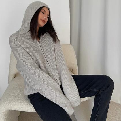 Long-sleeved Hooded Knitted Cardigan Sweater Slim..