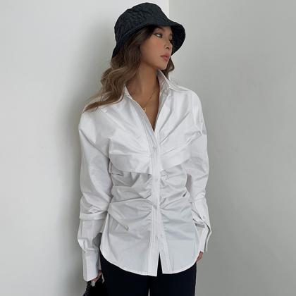 Waist Shirt Casual Mid-length Long-sleeved White..