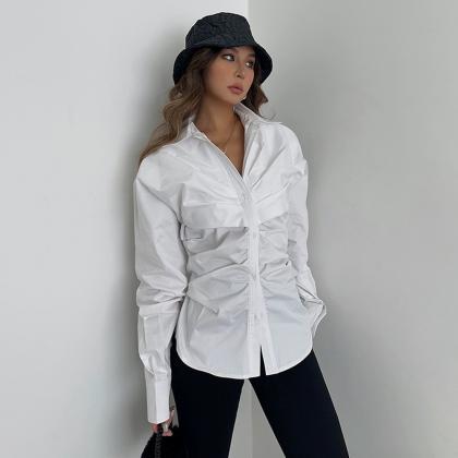 Waist Shirt Casual Mid-length Long-sleeved White..