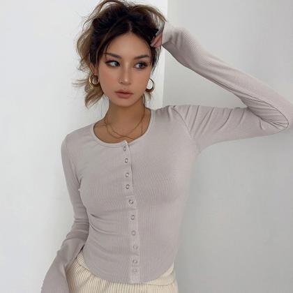 Buttoned Curved Hem Long-sleeved Bottoming Shirt,..