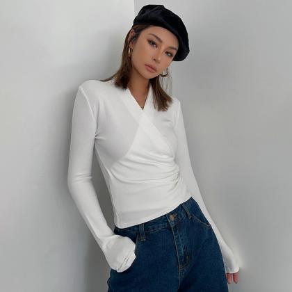 Sexy Crossover V-neck Top Long-sleeved Brushed..