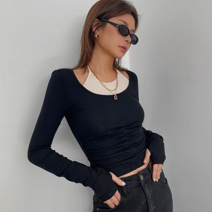 Sexy Navel-baring Long-sleeved T-shirt Pleated..