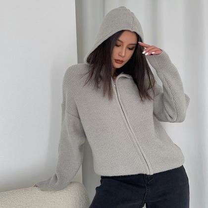 Long Sleeve Hooded Knitted Cardigan Sweater Solid..