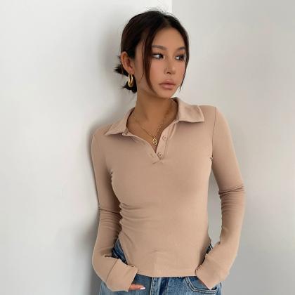 Pure Lust-style Lapel Tight Long-sleeved T-shirt..