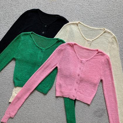 Knitted Blouse, Short, Slim Long-sleeved Versatile..