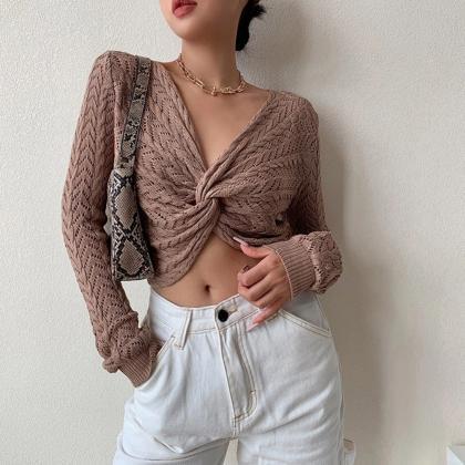 Sexy Hollow Knitted Knotted V-neck Short Crop Top