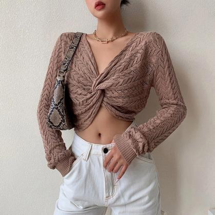 Sexy Hollow Knitted Knotted V-neck Short Crop Top
