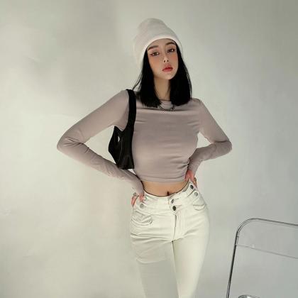Brushed Round Neck Bottoming T-shirt Tight Solid..
