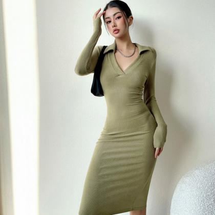 Brushed Deep V-neck Knitted Dress Sexy Tight..