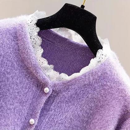 Casual Fashion Lace Buttons Knitted Sweater Korean..