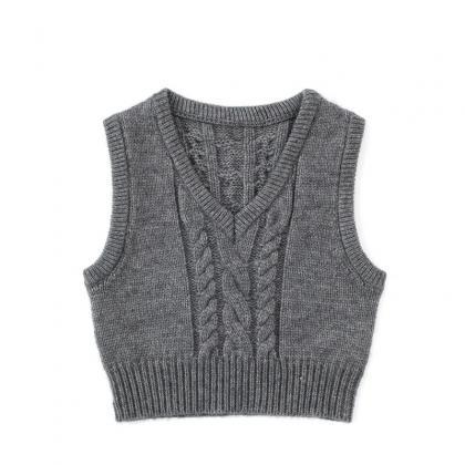 Grey V-neck Knitted Vest Vintage Stylish Pullover..