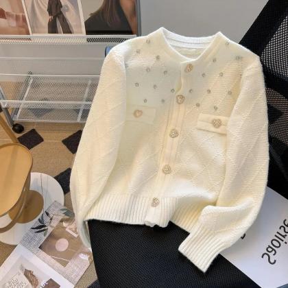 French Argyle Knitted Cardigan Sweater Luxury..