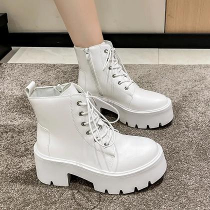Black Chunky Platform Ankle Boots For Women Spring..