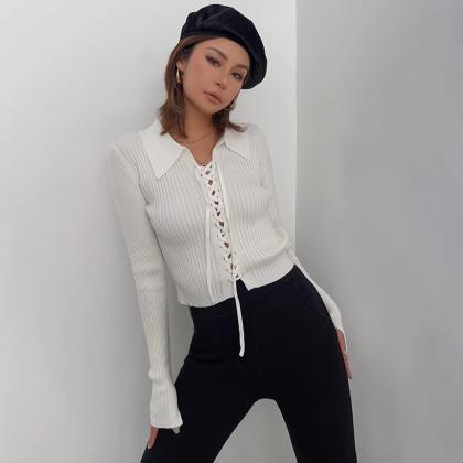 Women's Rib-knit Lace Up Front Tops..