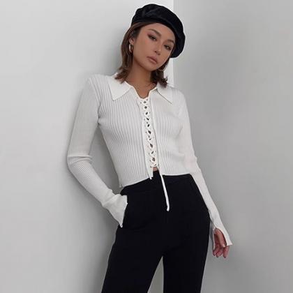 Women's Rib-knit Lace Up Front Tops..