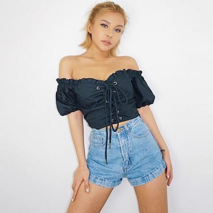 Off Shoulder Puff Sleeve Lace Up Tops Shirt