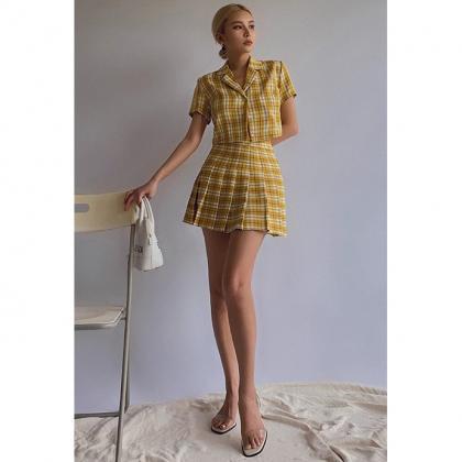 Women's Gingham High Waisted Pleated..