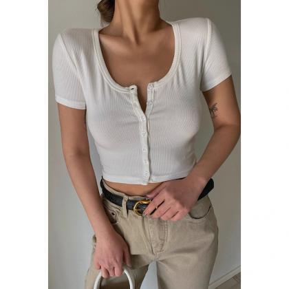 Women's Ribbed Buttoned Front Crop..
