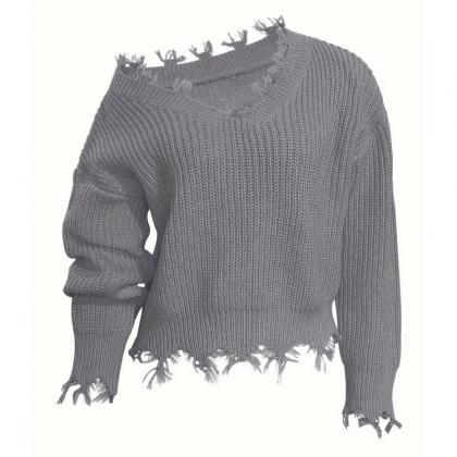 Solid Slant Shoulder Pullover Sweater, Distressed..