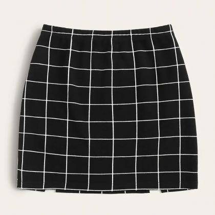 Plaid Print Split Hem Skirt, Casual A Line Mini..