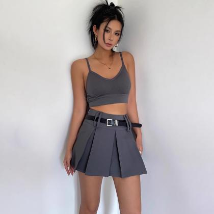 Solid A-line Flared Hem Belted Skirt