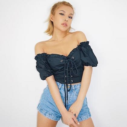 Off Shoulder Puff Sleeve Lace Up Tops Shirt