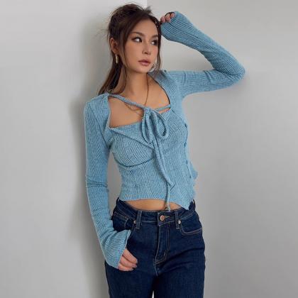 Chic Sky Blue Knit Tie-front Crop Sweater