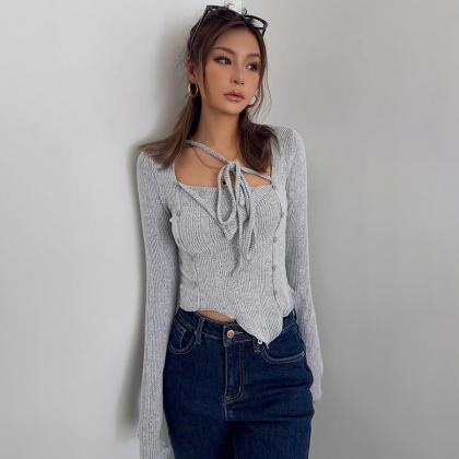 Chic Sky Blue Knit Tie-front Crop Sweater