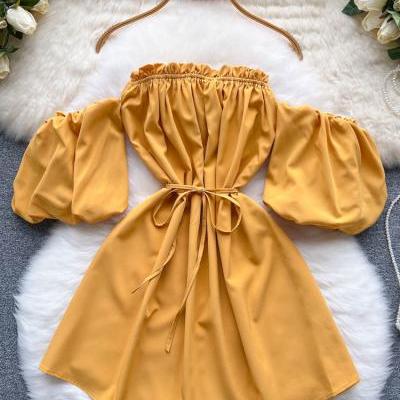 Fashion Off Shoulder Puff Sleeve Mini Dress Solid Color Lace-up Women Dress