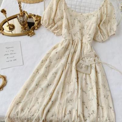 Romantic Women Lace Embroidery Party Dress Elegant Floral Print Short Puff Sleeve Gothic Vintage Midi Dress