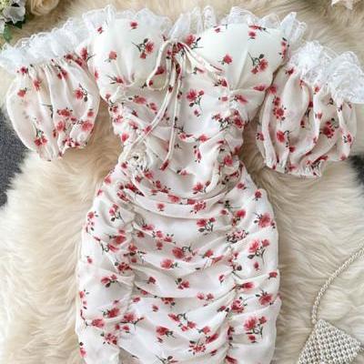 Sexy Package Hips Ruched Mini Dress Women Off Shoulder Lace Beach Dress Floral Print Party Dress