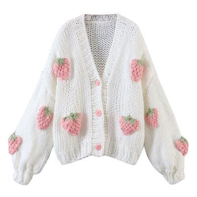 Autumn Winter New Women's Hand-crocheted Strawberry Knitted Cardigan Loose Sweater Coat
