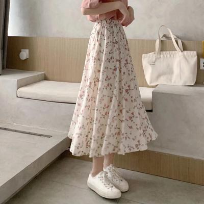 New Summer Chiffon Floral Skirts for Women Korean Style A-line Pleated Long Skirts Vintage Elastic High Waist Female Maxi Skirt
