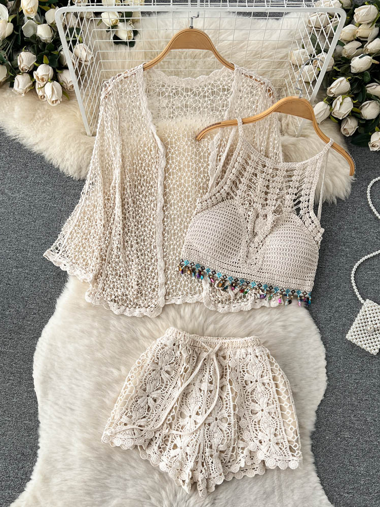 Beach Style Sets Women Vacation Knitted Cardigan+ Short Camisole+ Mini Shorts Sexy Three Piece Suits