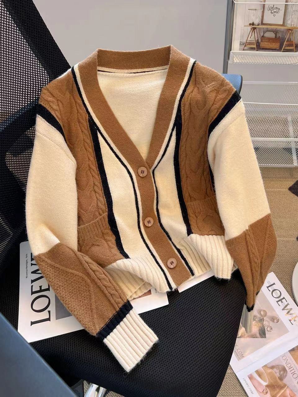 Camel Patchwork Cardigan Women With Pockets Vintage Soft Twist Knitted  Sweater Cardigan For Women