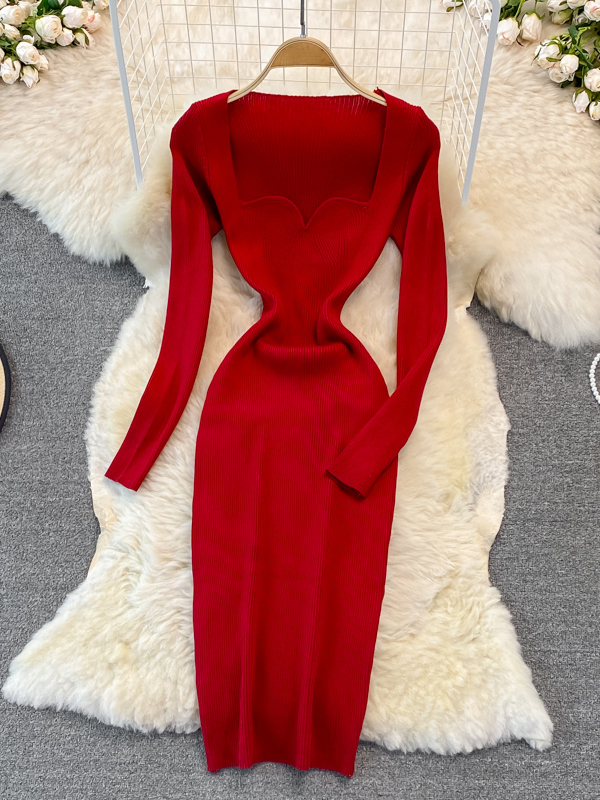 Casual All Match Knitted Sweater Dress Slim Elastic Long Sleeve Bodycon Dress Party Vestidos