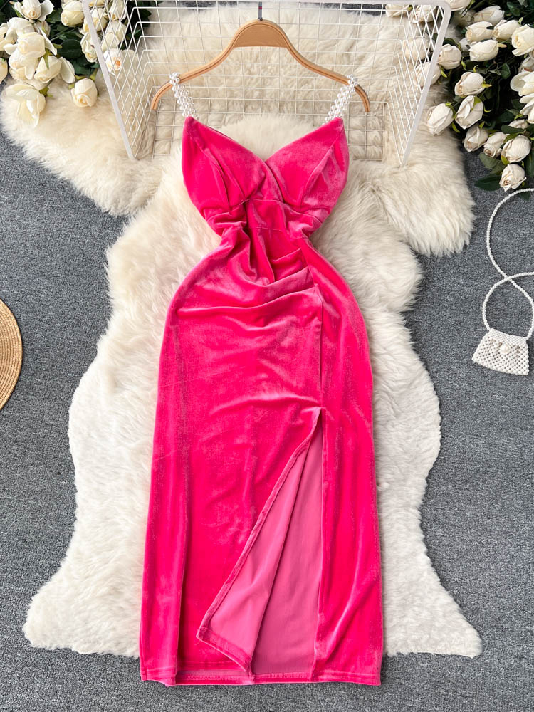 Chic Elegant Pearl Straps Long Party Dress Women Sexy High Split Backless Velvet Bodycon Dress Birthday Vestidos Dress